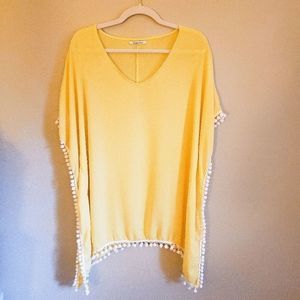ADREAMLY Soft Yellow Caftan w/Pom Pom Hem